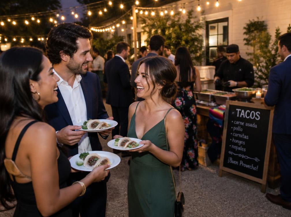 Invitados conversando con platos de tacos en una fiesta al aire libre