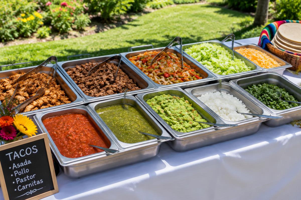 Guarniciones, salsas y guacamole servidos en charolas de acero inoxidable