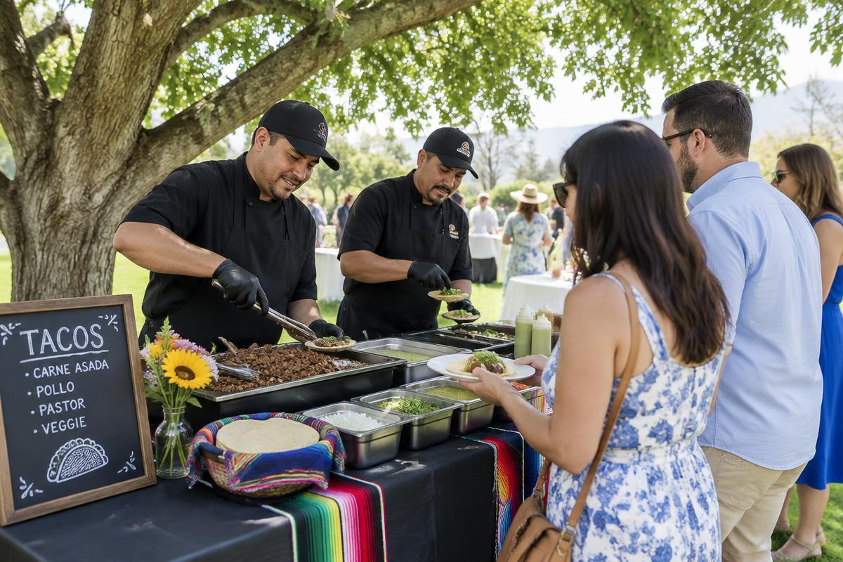 Dos taqueros sirviendo a los invitados en un evento al aire libre