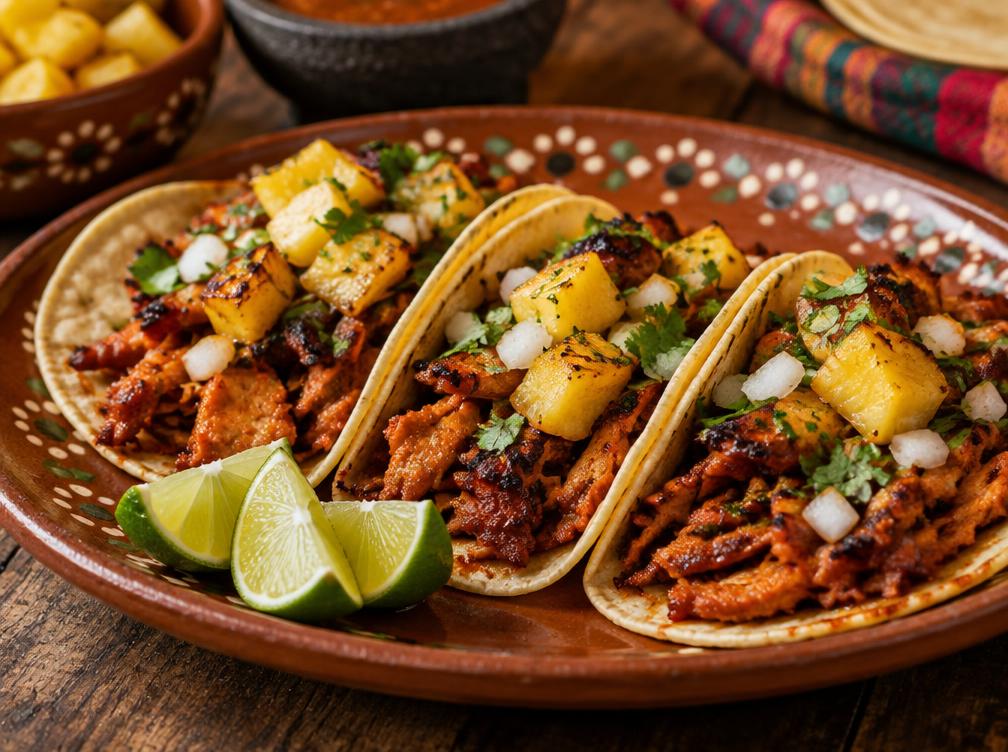 Plato de tacos al pastor con piña y limón
